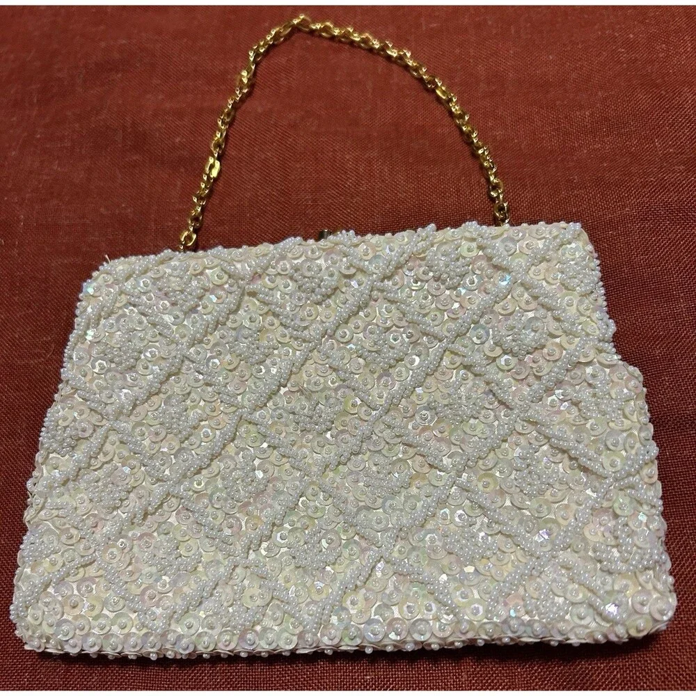 Vintage 50s La Regale Ivory White Beaded Sequin Clutch Bag Purse Gloves Set